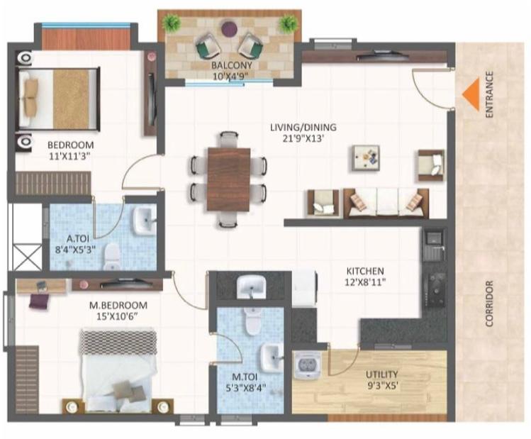 2 BHK apartment floor plan from Idea Shobhanath