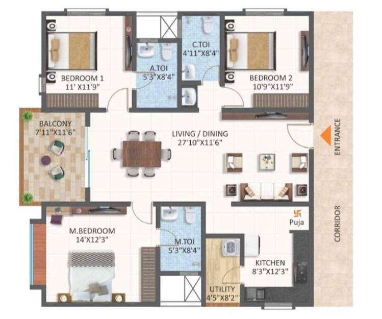 3 BHK floor plan from Idea shobhanath